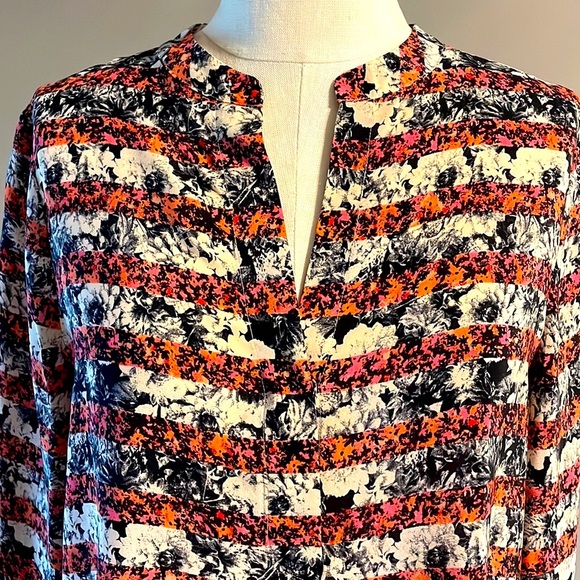 MADEWELL Broadway Broome floral striped 100% SILK 1/2 way button front blouse L - Picture 4 of 11